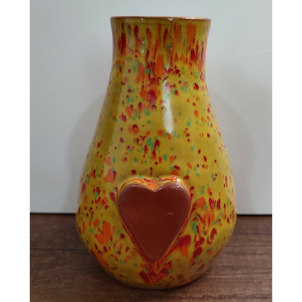 Haitian 'Papillion' Art Pottery vlvase Orange Speckle With Heart Signed S12